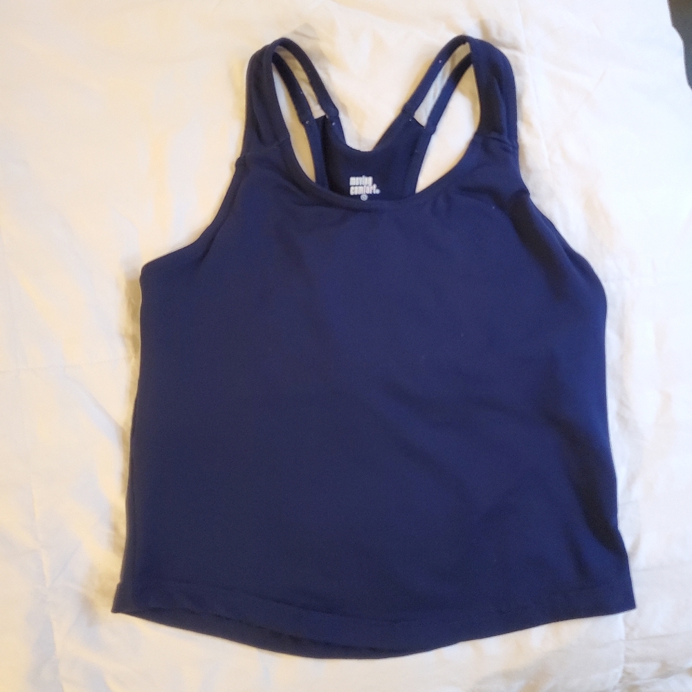 Navy blue cropped workout tank with racer back, size S, Moving Comfort